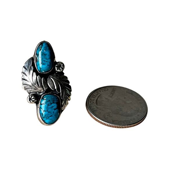 Vintage sterling silver two stone turquoise Native American ring size 5 - Picture 2 of 7